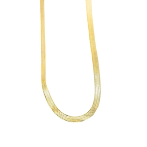 Minimalist wide flat snake bone chain necklace in gold finish on white background