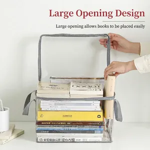 Large transparent PVC book storage bin with reinforced grey handles for organization