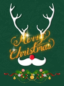 Deep green Christmas poster with deer antlers, red nose and golden Merry Christmas text