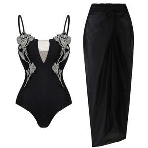 One Piece Swimsuit Rhinestone Rose Deep V Neck Mesh Patchwork Spaghetti Strap And Long Wrap Skirt For Women Vacation