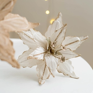 Elegant 28cm white and gold artificial Christmas flower decoration with shimmering glitter