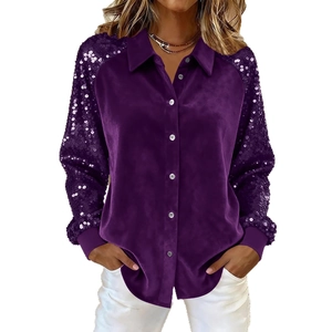 Deep purple velvet shirt for women featuring shimmering sequin sleeves and button-down front