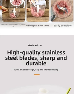 Detail showing three-blade stainless steel cutter and manual pull mechanism for meat and garlic
