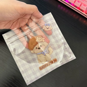 Cute cartoon puppy self-sealing plastic bag with grid pattern for snacks and jewelry