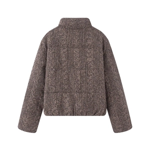 Detail view of the brown chunky cable knit texture on the padded puffer jacket back
