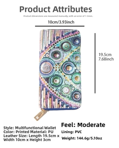 Detailed view of printed leather wallet showing dimensions 19.5x10x3 cm and mandala pattern