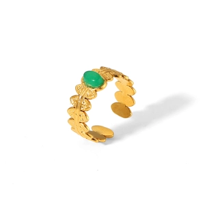 Vintage 18k gold leaf open ring featuring a lush green malachite stone and zircon accents