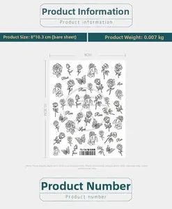 Détail des stickers ongles TS-726 avec motifs de roses noires et blanches, papillons et lapins