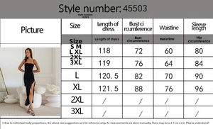 Tableau des tailles détaillé pour la robe à fente avec mesures de poitrine et de taille