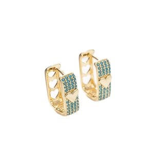Goldene U-Ohrringe mit blauem Zirkonia-Besatz und seitlichen Herzausschnitten