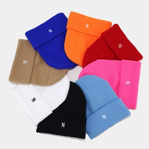 Eight colors of knit beanies with white N embroidery letter in a circular layout