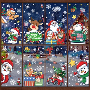 Weihnachtsfensterbilder PVC Statische Aufkleber Doppelseitig Cartoon Weihnachtsmann Schneemann Rentier Für Glasdekor