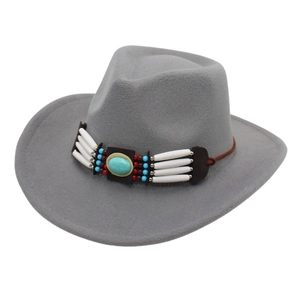 Grey wool felt western cowboy hat with ethnic beaded band and turquoise stone accent