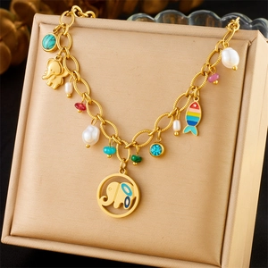 Long Stainless Steel Necklace With Colorful Enamel Elephant Butterfly And Horseshoe Pendant Charms Bohemian Jewelry For Women