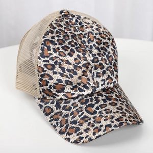 Close-up of leopard print baseball cap featuring breathable mesh and distressed fabric