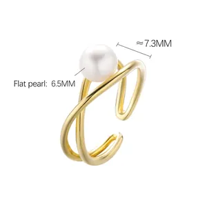 Elegant S925 silver cross line open ring with a 6.5mm white button pearl detail