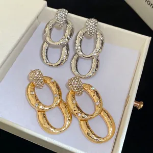 Hammered Double Oval Loop Dangle Earrings With 925 Sterling Silver Earring Post Alloy Zircon Pavé Retro Luxury For Women