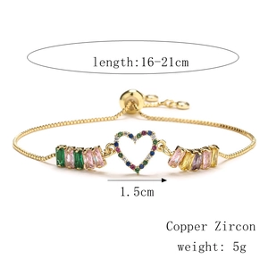 Detail of copper heart bracelet with colorful cubic zirconia and adjustable slider clasp