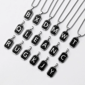 Silver stainless steel box chain necklaces with black octagonal initial letter pendants