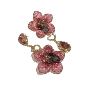 Pink fabric flower earrings with rhinestone heart and teardrop crystal pendant charms