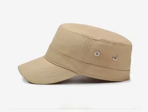 Detailed side view of khaki quick-dry army cap featuring metal eyelets and reinforced brim