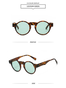 Detail view showing retro round tortoiseshell frames and green lenses from multiple angles
