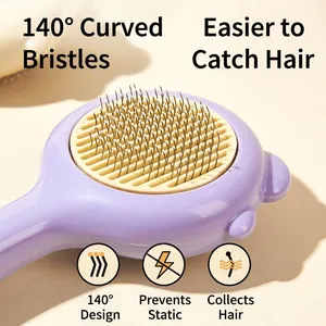 Purple pet grooming brush with 140 degree curved needles for easy cat hair removal