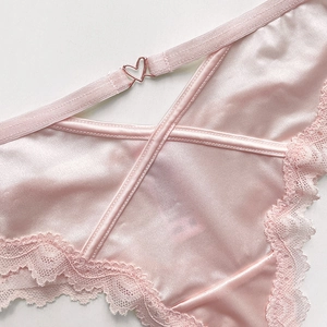 Pink silk ice mesh thong with lace trim and heart-shaped metal link detail for women