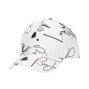 Detail of white cotton baseball cap with black Eiffel Tower and Bonjour graffiti prints