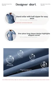 Detailed view of high-elasticity blue yoga bodysuit fabric and stand collar zipper design