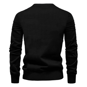 Detailed back view of men's black knit sweater showing round neck and high-quality texture