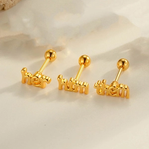 Golden gender pronoun stud earrings set featuring her, him, them with screw ball backs