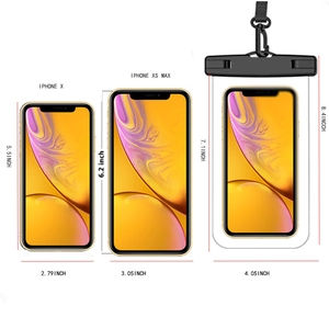 Universal waterproof phone pouch size guide with neck lanyard and dimensions for smartphones