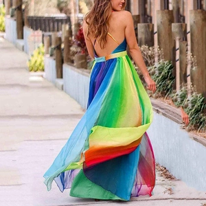 Rainbow gradient chiffon backless maxi dress with flowing hem for summer vacation