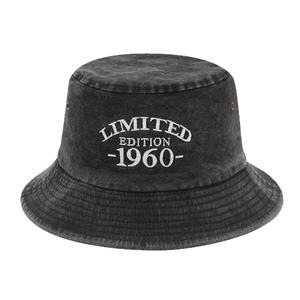 Charcoal washed cotton bucket hat with white Limited Edition 1960 embroidery on front