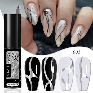 Macro view of metallic silver nail line gel application on nude nails and swatches