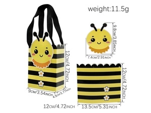 Detailed size specifications for bee themed candy gift box with measurements and handle