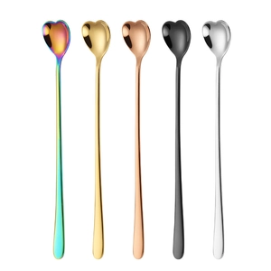 Five colorful heart-shaped long-handled 304 stainless steel spoons in rainbow and gold