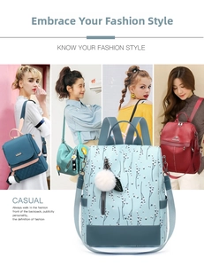 Detailed grid of oxford and PU leather backpacks with plush ball charms and anti-theft design
