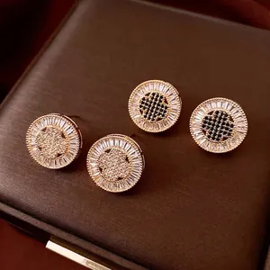 Round Stud Earrings With Silver Earring Post Gold Plated Copper Geometric Baguette Zircon Retro Style For Women