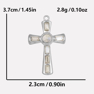 Silver stainless steel cross pendant with crystal inlays showing size 3.7cm by 2.3cm