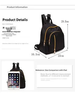 Detailed dimensions of the black Oxford fabric backpack showing size compared to an iPad