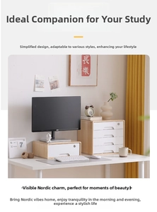 Detail of multi-layer wood desktop drawer organizer and monitor stand for office storage