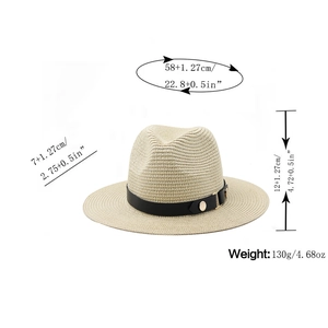 Detailed size specifications for straw Panama hat with black leather band and gold buckle