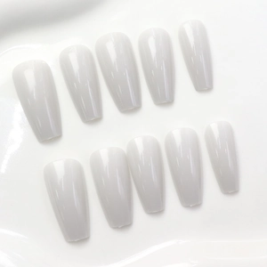 Glossy translucent grey jelly press-on nails in long coffin shape on white background