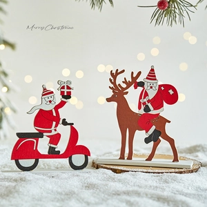 Wooden Santa Claus tabletop ornaments with reindeer and scooter for Christmas home decor