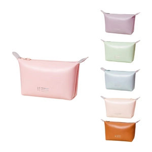 Water dumpling shaped PU makeup travel bags shown in six various pastel color options