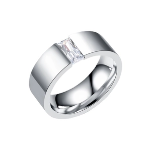 Men's minimalist silver ring with a rectangular baguette zircon in a tension setting