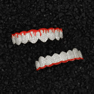 Hip hop grillz set with red drip oil flame pattern and inlaid sparkling white stones
