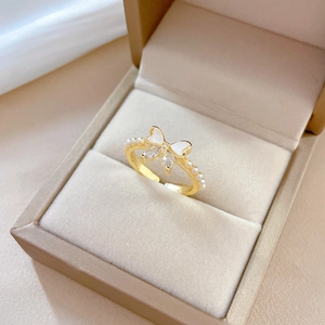 Adjustable gold ring with white enamel butterfly, zircons and faux pearls for women